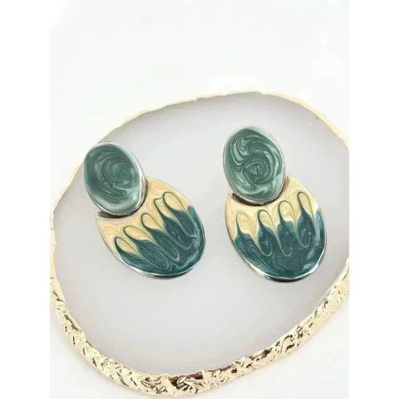 Vintage Enamel / Drip Glaze Retro Green & Yellow Oval Dangle Earrings - Picture 4 of 6